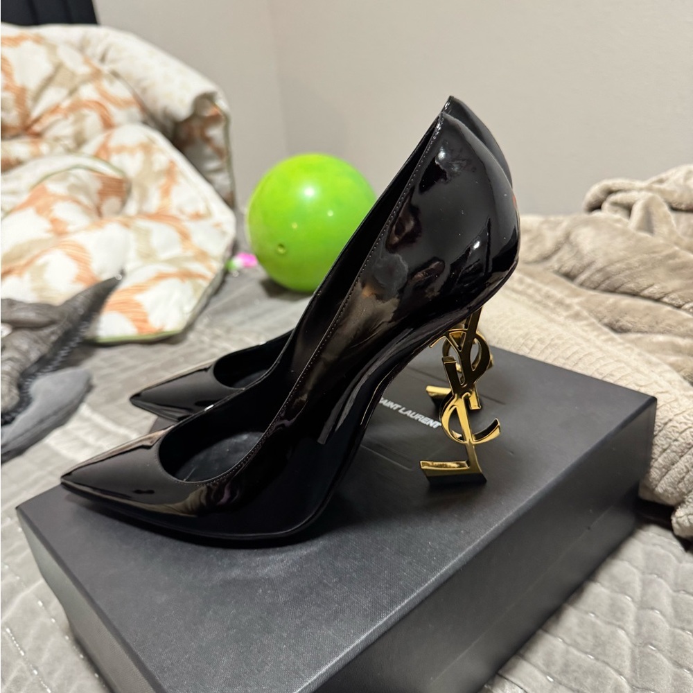 Saint Laurent Black Patent Leather Heels with Gold Logo